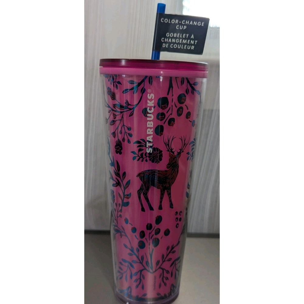 Starbucks New 2022 Holiday Woodland Lace Pink Color Change Tumbler 24oz Cold Cup